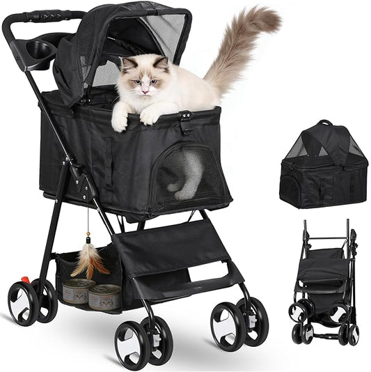 4 Wheels Foldable Pet Dog Cat Jogger Stroller Travel Carrier Strolling Cart w/Waterproof Cover Storage Basket Cup Holder & Detachable Carrier for Medium Small Cat Dog, Black