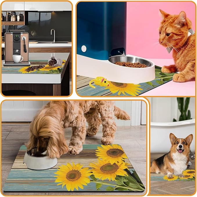 Dog Food Mats for Floors Absorbent, Cat Food Mat - Pet Cat Feeding Mat Quick Dry, Dog Bowl Mats for Water, Pet Supplies Feeding Placemat 16" x 24" Sunflower