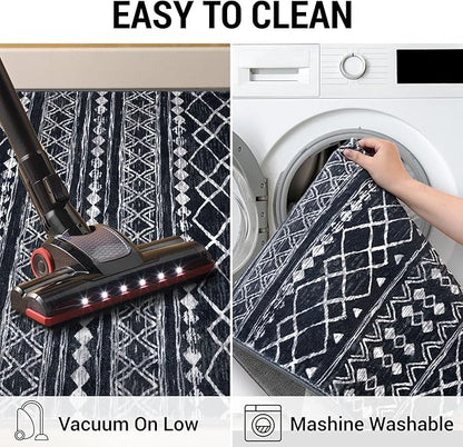 KUTA Moroccan Boho Runner Rug 2.6x10 Non-Slip Vintage Black Washable Hallway Kitchen Rugs Ultra Soft Distressed Geometric Floor Carpet Runners for Bedroom Laundry Living Room