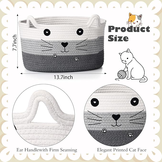 Zopeal Cat Basket Storage Woven Organizer with Ears Easter Decorative Pet Toy Cute Cotton Rope Basket for Gift Cat Dog Toy Bin Nursery Room(13.7 x 7.8 Inch,White, Light Gray, Dark Gray)