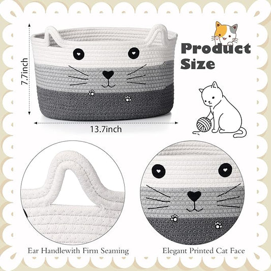 Zopeal Cat Basket Storage Woven Organizer with Ears Easter Decorative Pet Toy Cute Cotton Rope Basket for Gift Cat Dog Toy Bin Nursery Room(13.7 x 7.8 Inch,White, Light Gray, Dark Gray)