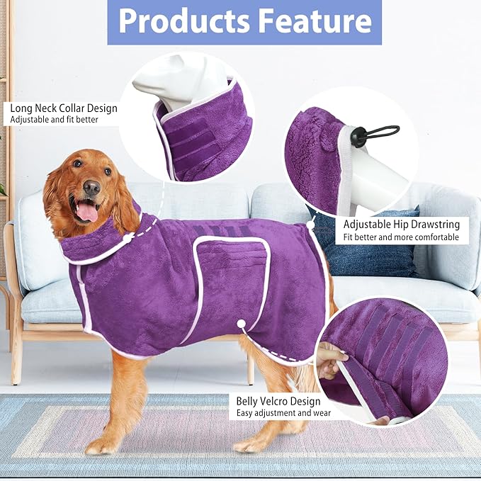 Dog Bathrobe Towel Dog Drying Coat - Super Absorbent Towels Bath Robe for Dogs Large, Soft Adjustable Collar & Belly Strap Fast Drying Coat Pet Cat Bath Robe (Violet, Small)