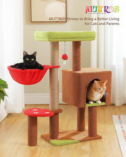 MUTTROS Mushroom Cat Tree with Sisal Scratching Posts, 35.4" Cute Cat Tower Cat Condo w/Large Green Top Perch, Soft Red Hammock, and Mushroom Dangling Ball, for Small-Medium Cats, Brown