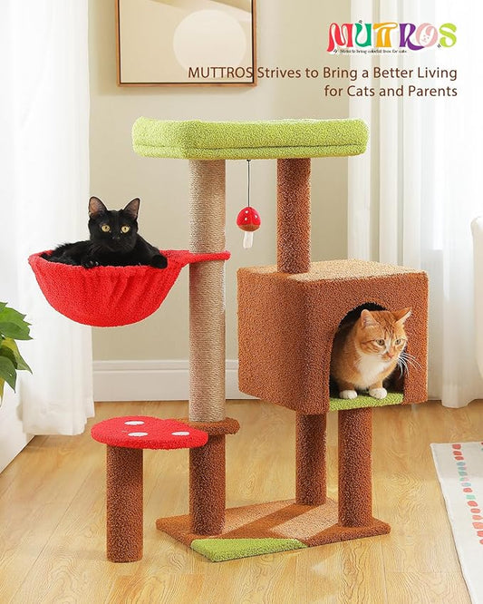 MUTTROS Mushroom Cat Tree with Sisal Scratching Posts, 35.4" Cute Cat Tower Cat Condo w/Large Green Top Perch, Soft Red Hammock, and Mushroom Dangling Ball, for Small-Medium Cats, Brown