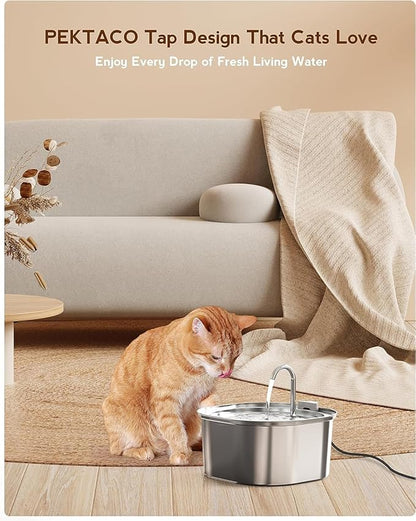 PEKTACO Cat Water Fountain, 3.2L/108oz Stainless Steel Pet Water Fountain for Cats Indoor, Dog Drinking Dispenser Metal Kitty Spout with 6 Filters+ 6 Sponges