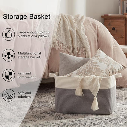 OIAHOMY Large Storage Basket, Cotton Rope Woven Blanket Basket, Toy Bin for Baby Room, Container for Blanket Storage in Living Room, 20''×16''×12'', Grey & White