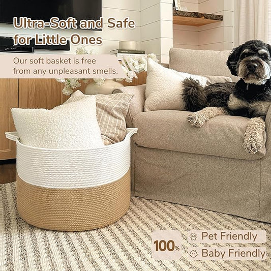 INDRESSME XXXLarge Jute Rope Basket 21.7" x 21.7" x 13.8" Woven Baby Laundry Baskets for Blankets Toys Storage Basket with Handle Comforter Cushions Storage Bins Thread Laundry Hamper