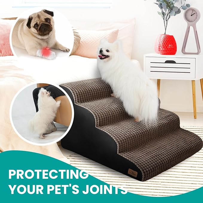 Dog Stairs Ramp for Small Dogs, 4 Step Dog Steps for Bed, 20.5'' H Curved Foam Pet Steps with Durable Non-Slip Waterproof Fabric Cover, Pet Stairs for Pets Joints, Brown