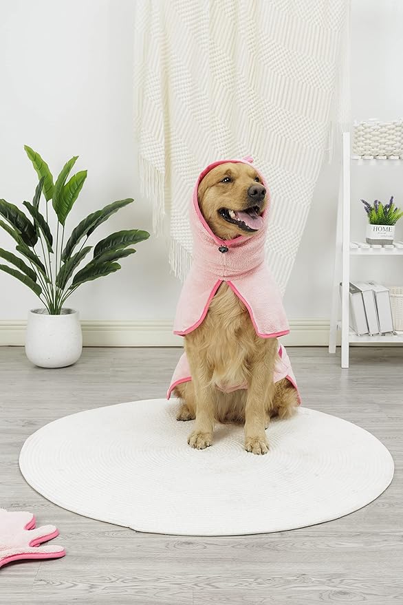 Pawyee Super Soft Fast-Drying Dog Towel Set for Cold Weather, Beach, Pool - Adjustable Microfiber Bath Robe with Drying Gloves for Cats and Dogs (X-Large, Pink Dino)