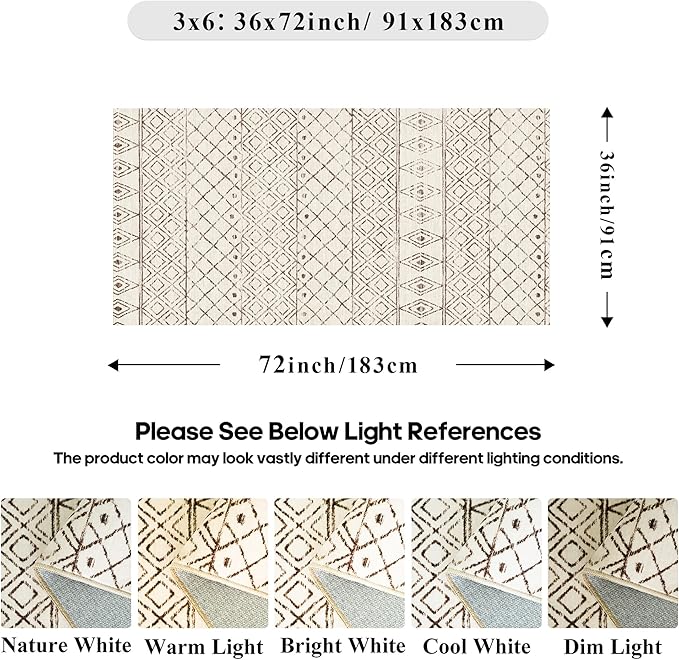 3x6 Washable Kitchen Runner Rug: Non Slip Moroccan Hallway Runners - Low Pile Soft Farmhouse Neutral Carpet for Bedroom Entryway Laundry 3x6 Geo Beige