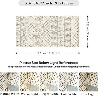 3x6 Washable Kitchen Runner Rug: Non Slip Moroccan Hallway Runners - Low Pile Soft Farmhouse Neutral Carpet for Bedroom Entryway Laundry 3x6 Geo Beige