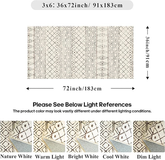 3x6 Washable Kitchen Runner Rug: Non Slip Moroccan Hallway Runners - Low Pile Soft Farmhouse Neutral Carpet for Bedroom Entryway Laundry 3x6 Geo Beige