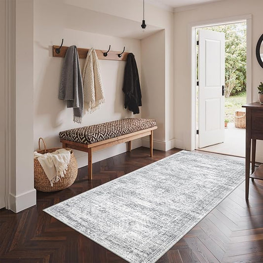 3x6 Runner Rug Non Slip, Thin Entryway Washable Rug for Entryway, Runners for Hallways, Low Pile Vintage Abstract Soft Rugs for Living Room, Kitchen, Bedroom (3'x6', Grey/Ivory)