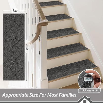 BEQHAUSE Edging Stair Treads for Wooden Steps 9" x 28", Non Slip Carpet Stair Treads Indoor Stair Runners, Soft Stair Rugs, Machine Washable, 100% Polyester, TPE Backing, 4pcs, Charcoal