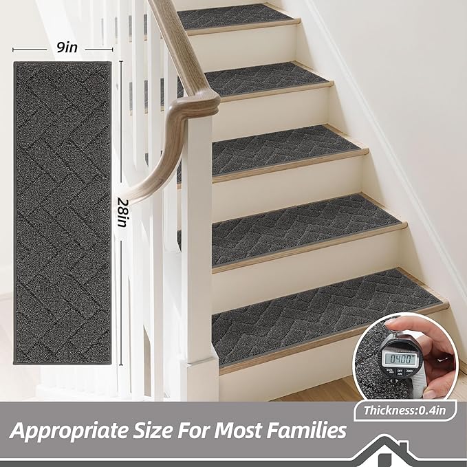 BEQHAUSE Edging Stair Treads for Wooden Steps 9" x 28", Non Slip Carpet Stair Treads Indoor Stair Runners, Soft Stair Rugs, Machine Washable, 100% Polyester, TPE Backing, 15pcs, Charcoal
