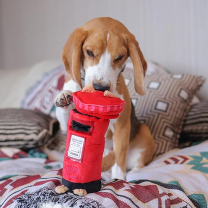 British Postbox Treat-Dispensing Soft Plush Squeaky Pet Toy - Iconic UK Enrichment Gift, Durable Cute & Fun Toy for Interactive Play, Hide Food for Nose-Work Puzzle, Small Medium Dogs