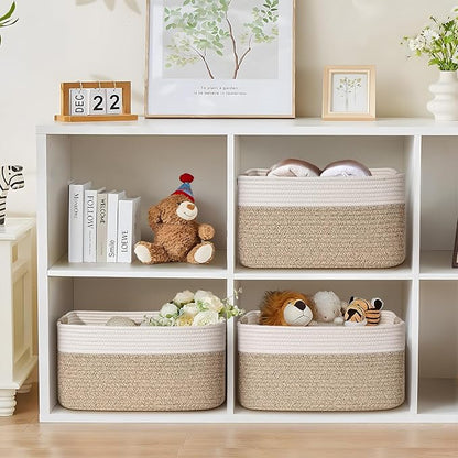 3 Pack Large Storage Basket for Organizing, 17.5"x13"x7" Woven Basket for Shelves, Closet Cube Storage Bins with Wrapped Handle, Cotton Rope Baskets for Kitchen, Clothes, Toys(Off White & Brown)