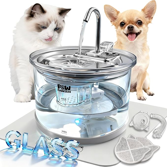 Ultra-Quiet Clear Glass Pet Fountain - 70oz/2.1L for Small Dogs & Cats,Automatic Water Dispenser with 3-Stage Filter & 3 Spray Heads | Dishwasher Safe,Indoor Use