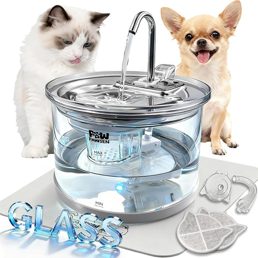 Ultra-Quiet Clear Glass Pet Fountain - 70oz/2.1L for Small Dogs & Cats,Automatic Water Dispenser with 3-Stage Filter & 3 Spray Heads | Dishwasher Safe,Indoor Use