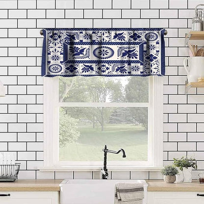 Mexico Valance Curtains Mexican Traditional Talavera Style Tiles Floral Pattern Window Treatment Valances Short Curtains Rod Pocket Drape for Dining Room Home Kitchen Decor, 54x18inch