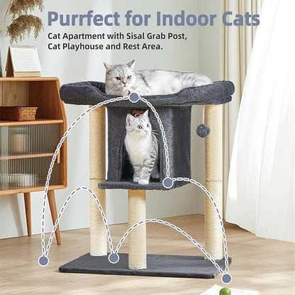 Cat Tree Tower Scratching Post for Indoor Large Cats, Small Cat Tree with Big Perch Bed, 28in Tall Trees House with Condo Cave, Toy Balls, Modern Climbing Furniture Platform for Kitten (Dark Gray)