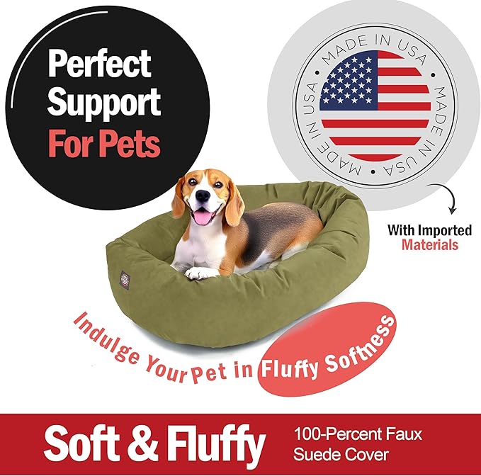 Majestic Pet 32 Inch Suede Calming Dog Bed Washable – Cozy Soft Round Dog Bed with Spine Support for Dogs to Rest Their Head - Fluffy Donut Dog Bed 32x23x7 (Inch) - Round Pet Bed Medium – Sage (2025)