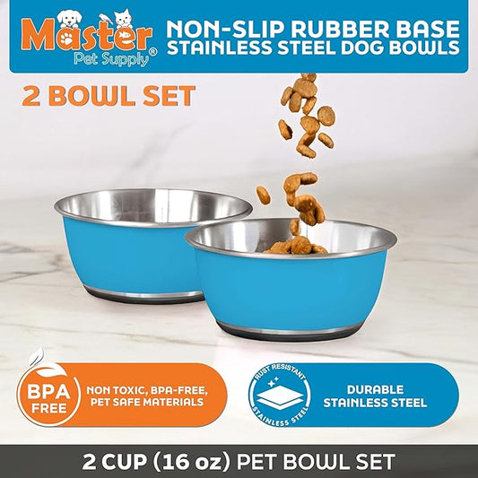Master Pet Supply Stainless Steel Dog Bowls Set of 2 (16 Oz Each) with Non-Slip Rubber Base - True Blue - Basic Dog Food Bowl Water & Food Bowls for Small Medium Large Dogs & Cats, Metal Dish
