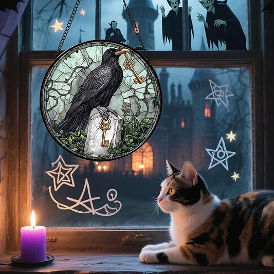 Stained Glass Window Hanging - Halloween Crow Holding A Key Suncatcher for Doors Garden Home Spooky Green Vines Sun Catchers Gothic Decor Horror Gift for Women Men Friend Boy Girl 9.8 in