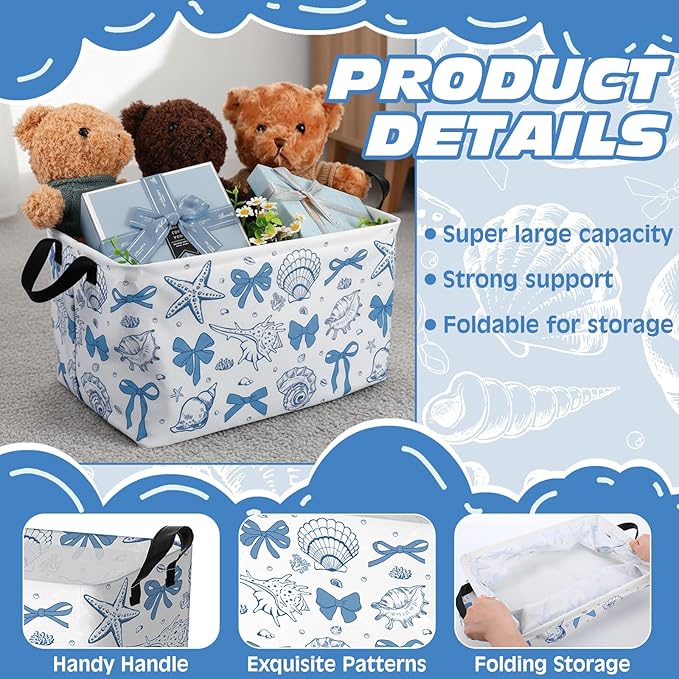 4 Pcs Coastal Beach Storage Basket Fabric Laundry Baskets with Handle Summer Ocean Blue Bow Foldable Organizer Boxes for Office Home Bedroom Baby Cloth Toy Book 15 x 10 x 8