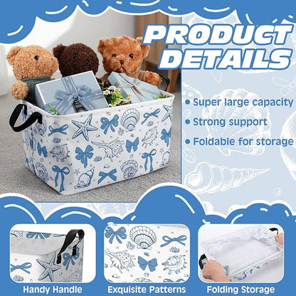 4 Pcs Coastal Beach Storage Basket Fabric Laundry Baskets with Handle Summer Ocean Blue Bow Foldable Organizer Boxes for Office Home Bedroom Baby Cloth Toy Book 15 x 10 x 8