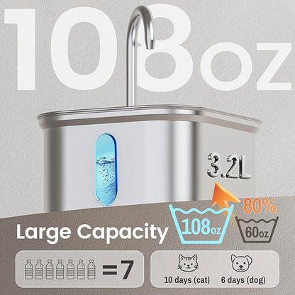 Cat Water Fountain Stainless Steel, 108oz/3.2L Quiet Automatic Cat Fountain for Drinking, Safe Auto Shut-Off, Large Square Pet Water Dispenser for Dogs Indoor with 1 Replacement Filter