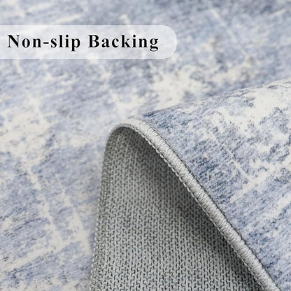 Washable Abstract 14ft Runner Rug: Non-Slip Low-Pile Rug Runner Soft Beside Carpet Indoor Farmhouse Entryway Floor Mat Bathroom Living Room Stain Resistant Area Rugs Cozy Home Decor(2'6x14,Blue/ivory)