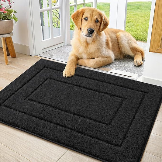 Smiry Dog Door Mat for Muddy Paws, Absorbs Moisture and Dirt, Low-Profile Entryway Mat with Non-Slip Backing, Entry Indoor Outdoor Doormat for Inside Floor (30x20 Inches, Black, Bordered)