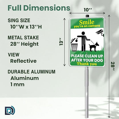 Clean Up After Your Dog Sign, Smile Youre on Camera Sign, 10 x 13 Inch Reflective Aluminum Outdoor Yard Sign with 28 Inch Metal Stake