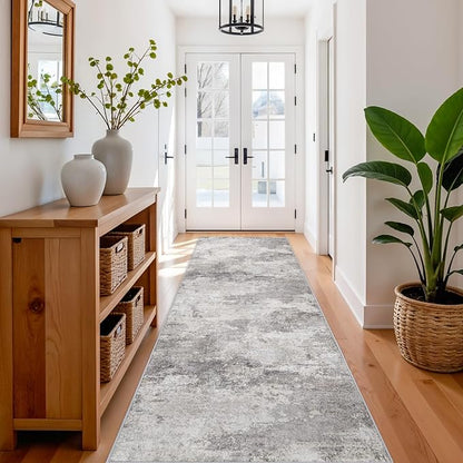 3x10 Extra Long Runner Rug Non-Slip Washable - Abstract Modern Indoor Hallway Carpet for Long Entryways, Kitchen, Bedroom - Soft Thin Low Pile Floor Runners for High Traffic Areas 3x10 Grey