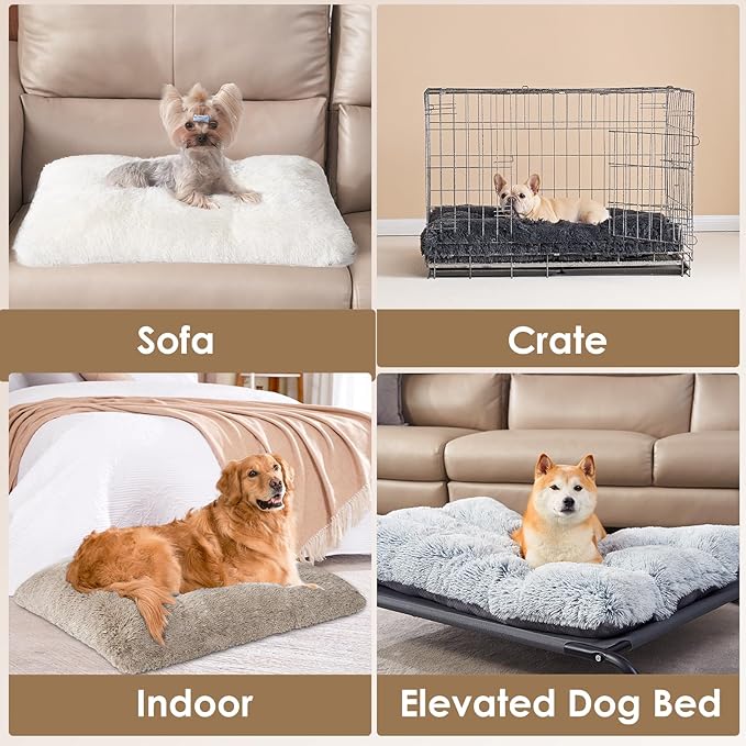 EHEYCIGA Fluffy Dog Crate Bed for Extra Large Dogs, Plush Faux Fur XLP Pad, Calming Anti Anxiety XL Plus Bed for Crate, Washable Soft Warm Dog Mat with Non-Slip Bottom, Taupe