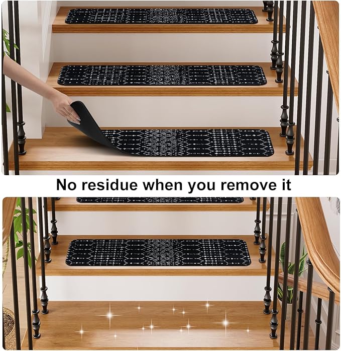 OJIA Stair Treads Non-Slip Stair Runners for Wooden Steps Indoor 15PCS 30"x8" Carpet Stair Treads Stair Mats Staircase Step Treads for Kids, Elders and Dogs, Stair Covers, Black