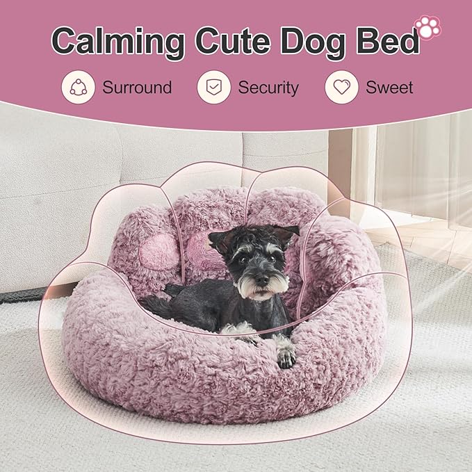 Jiupety Paw Shape Calming Pet Bed, Plush Faux Fur Donut Bed for Dogs & Cats, Machine Washable, Non-Slip Bottom, Medium (22"×22"×6"), Purple