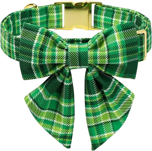 Maca Bates Irish Plaid Dog Collar with Sailor Bow Tie,Shamrock Green Gingham Pattern for Small Girl Boy Dogs,Adjustable Durable Soft Collars Gift for Male Female Puppy