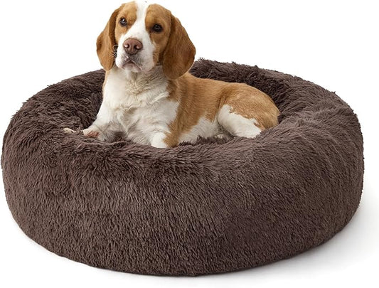 Bedsure Calming Dog Bed Medium Size Dog - 30in Donut Round Washable Medium Pet Bed,Anti-Slip＆Removable Cover,420GSM Anti-Anxiety Fluffy Plush Faux Fur,Fits up to 45 lbs Pets,Plus Version