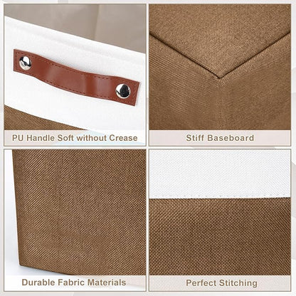 Collapsible Fabric Storage Cubes 11x11 Cube Storage Bins, 4 Pack Closet Baskets Box with Handles for Organizing, Shelf, Toys, Clothes, Home, Office, Nursery (Brown&White)