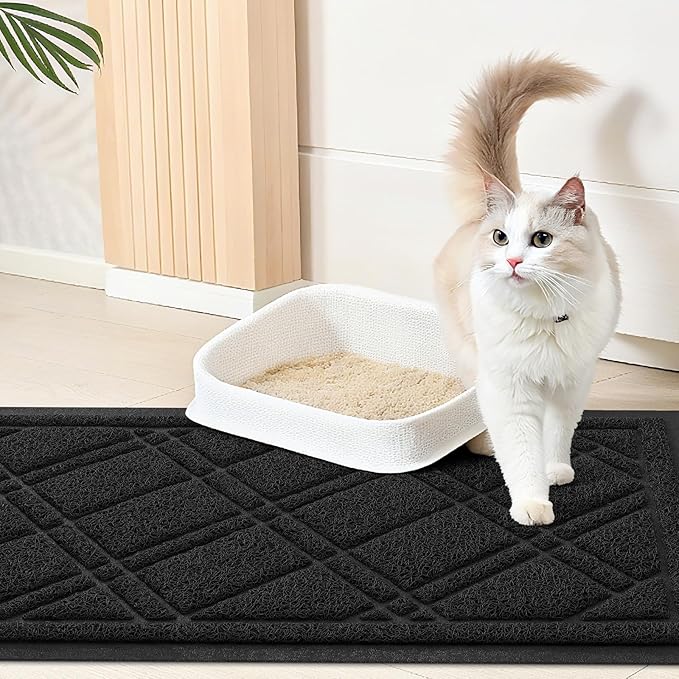 Smiry Cat Litter Box Mat 30x17, Non-Slip Water Resistant Litter Trapping Mat, Easy Clean Less Waste and Urine-Locking Cat Carpet for Indoor, Black
