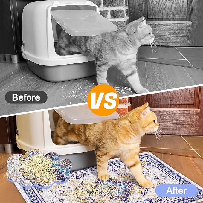 Glittme Cat Litter Mat with Non-Slip Bottom Litter Box Mat 40"x30" Litter Trapping Mat Easy to Clean Washable Cat Food Mat for Kitty,XL
