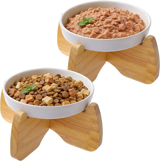 Raised Cat Bowls, 6.3'' Wide Shallow Elevated Cat Food Bowls, Ceramic Anti Vomit Tilted Pet Feeder with Stand, Anti Whisker Fatigue Neck Protective Feeding Dish for Kittens & Seniors (2 Pack)