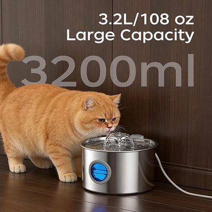 3.2L/108oz Cat Water Fountain, 304 Stainless Steel Top, Detachable Tank Makes Cleaning a Breeze, Ultra-Quiet Pump for Light Sleepers, for Multiple Cats, No More Dirty Plastic