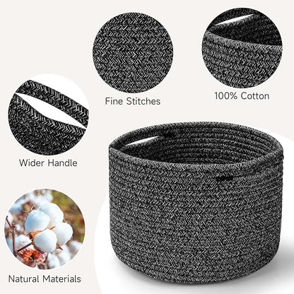 Small Rope Baskets for Storage, Baskets for Gifts Empty, Cute Round Woven Basket, Decorative Shelf Baskets 9.82×9.82×7.1", Cotton Toy Basket Storage Bins for Organizer 3 Packs Black