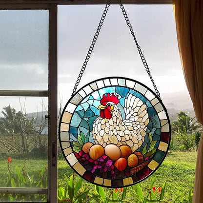 Stained Glass Window Hanging White Chicken Hatching Eggs Large 11.8" - Suncatcher Door Garden Sunroom Sun Catcher Home Decor Birthday Christmas for Mom Men Woman Nana