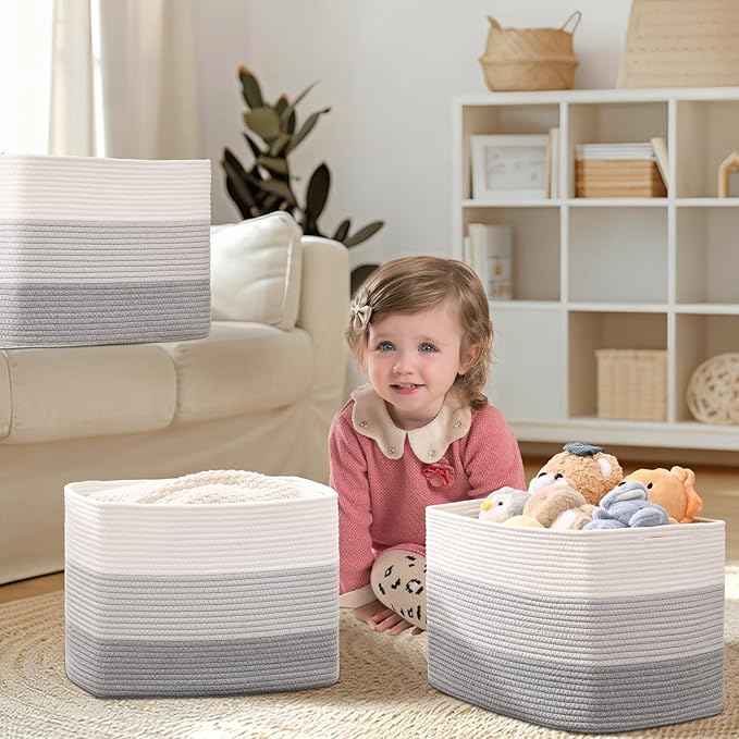 3 Pack Cube Storage Bin, 17”x12”x12” Cotton Rope Woven Baskets for Organizing Toys Clothes Towels, Square Gift Storage Baskets for Shelves, Nursery, Closet, Bathroom, Pantry (3-Tone Gray)