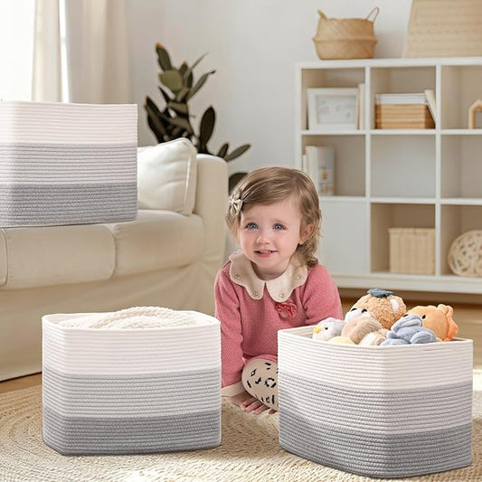 3 Pack Cube Storage Bin, 17”x12”x12” Cotton Rope Woven Baskets for Organizing Toys Clothes Towels, Square Gift Storage Baskets for Shelves, Nursery, Closet, Bathroom, Pantry (3-Tone Gray)
