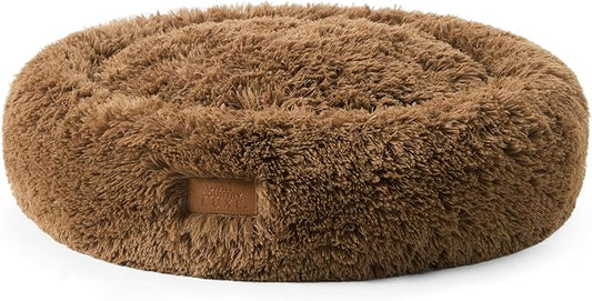 Town & Country Luxe CuddleTown Fuzzy Solid Donut Pet Bed, Soft, Cozy & Calming, Non-Slip Bottom, 100% Machine Washable, Brown, XS 19"x19"x7" Round